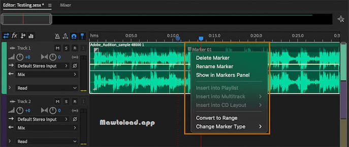 หน้าต่าง Adobe Audition แสดงการตัดต่อเสียงและจัดการแทร็กเสียงในโปรเจกต์