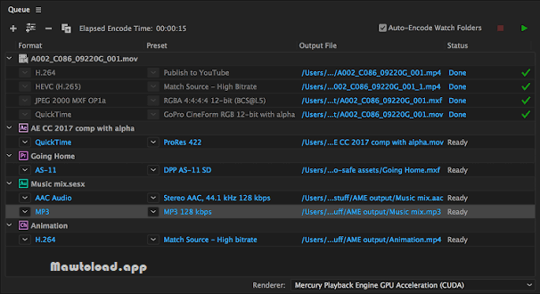 Adobe Media Encoder Export Settings พร้อมตัวเลือก Format และ Preset สำหรับกำหนดไฟล์เอาต์พุต