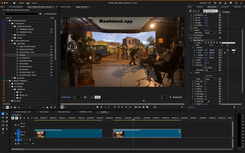 หน้าต่าง Adobe Premiere Pro แสดงการตัดต่อวิดีโอด้วย Object Mask และการทำงานจาก Transcript ในโปรเจกต์เดียว