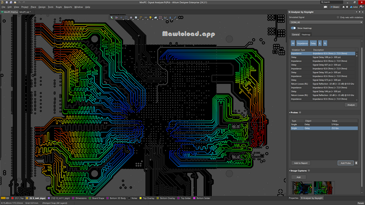 หน้าต่าง PCB Editor ของ Altium Designer แสดงเลเยอร์วงจร การวาง Component และเส้นทาง Routing บนแผงวงจร