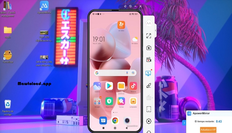 หน้าต่าง ApowerMirror สำหรับเชื่อมต่อมือถือผ่าน Wi-Fi และ USB พร้อมเครื่องมือจัดการการสะท้อนหน้าจอ
