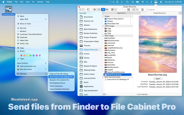 หน้าจอ File Cabinet Pro แสดง Icon View พร้อม Preview Pane สีโฟลเดอร์ และรายการ Favorites