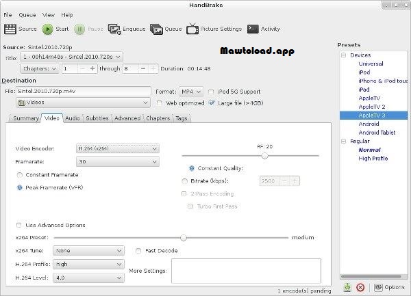 หน้าต่างหลักของ HandBrake แสดงแผงแหล่งวิดีโอ เมนูค่าที่ตั้งไว้ล่วงหน้า และส่วนควบคุมการเข้ารหัส