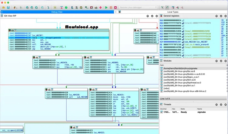 IDA Pro แสดงโครงสร้างฟังก์ชันและเส้นทางการเรียกใช้ระหว่างโค้ด