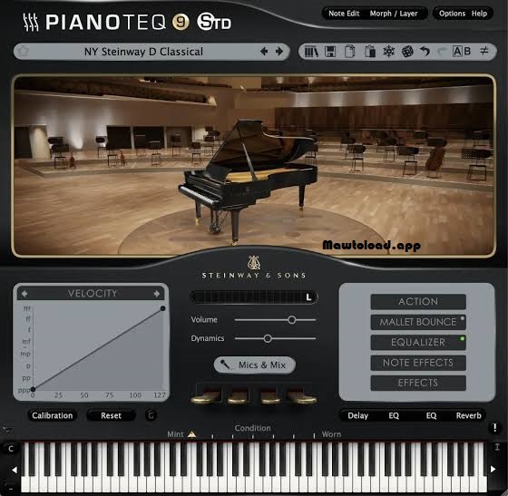 Modartt Pianoteq piano interface showing virtual keyboard, instrument controls and sound settings