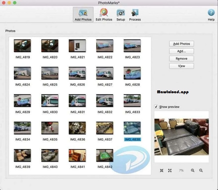 หน้าต่างแก้ไข Watermark ของ PhotoMarks พร้อมตัวเลือกตำแหน่ง ขนาด ตัวอักษร และการแสดงผลบนภาพก่อนส่งออก