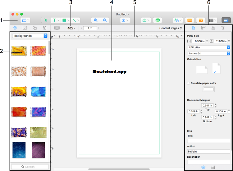 หน้าจอ Swift Publisher แสดง Template Gallery และพื้นที่จัดวางข้อความ รูปภาพ และองค์ประกอบงานออกแบบ