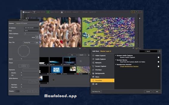 Wirecast Pro อินเทอร์เฟซควบคุมฉาก Preview และ Shot Editor สำหรับการออกอากาศสด