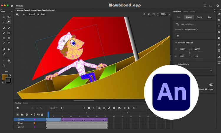 อินเทอร์เฟซ Adobe Animate แสดงเครื่องมือ Asset Warp สำหรับปรับท่าทางและการเคลื่อนไหวของตัวละคร 2D