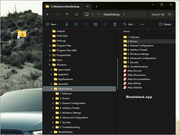 หน้าจอ AtlasOS หลังติดตั้ง แสดงเดสก์ท็อป Windows 11 พร้อมโฟลเดอร์และเครื่องมือจัดการระบบ