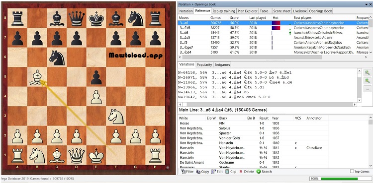 มุมมองกระดานสามมิติของ ChessBase ’26 พร้อมตำแหน่งหมากและแผงข้อมูลการวิเคราะห์