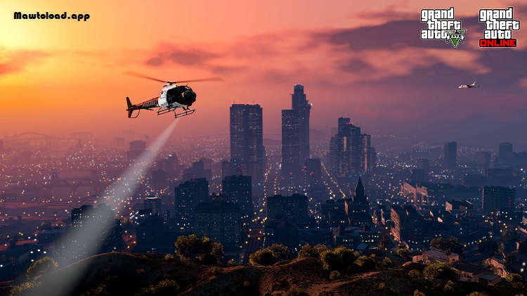 ฉากภารกิจ Grand Theft Auto V ที่ตัวละครใช้อาวุธและยานพาหนะท่ามกลางพื้นที่เมืองและเจ้าหน้าที่ตำรวจ