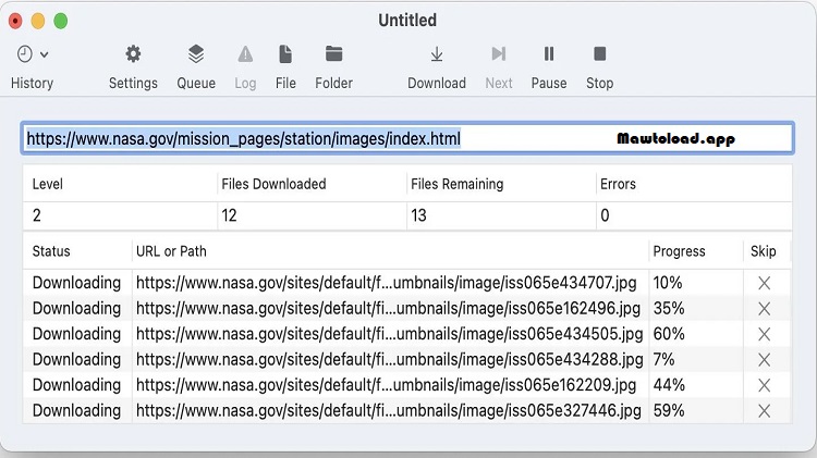แผง Download Settings แสดงตัวเลือกจำกัดระดับลิงก์ ประเภทไฟล์ และเงื่อนไข URL สำหรับสร้างสำเนาเว็บไซต์ออฟไลน์