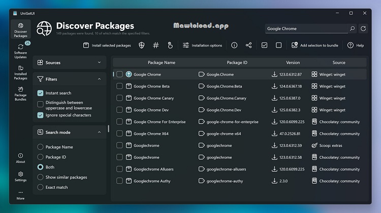 การจัดการอัปเดต: หน้า Software Updates ของ UniGetUI แสดงรายการโปรแกรมที่มีเวอร์ชันใหม่ พร้อมหมายเลขเวอร์ชันปัจจุบัน เวอร์ชันที่พร้อมอัปเดต และตัวเลือกอัปเดตหลายแพ็กเกจพร้อมกัน